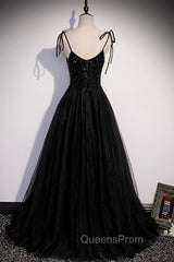Black Tulle Beaded Long Evening Prom Dress, A-Line Spaghetti Straps Evening Dress