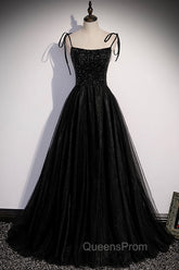 Black Tulle Beaded Long Evening Prom Dress, A-Line Spaghetti Straps Evening Dress
