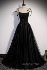 Black Tulle Beaded Long Evening Prom Dress, A-Line Spaghetti Straps Evening Dress