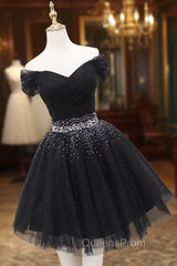 Black Tulle Beaded Short Evening Prom Dress, Off Shoulder Evening Party Dress