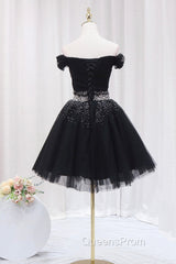 Black Tulle Beaded Short Evening Prom Dress, Off Shoulder Evening Party Dress