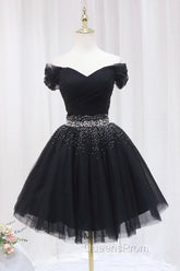 Black Tulle Beaded Short Evening Prom Dress, Off Shoulder Evening Party Dress