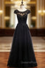 Black Tulle Cap Sleeve Appliques Beading Evening Prom Dress