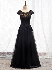 Black Tulle Cap Sleeve Appliques Beading Prom Dress
