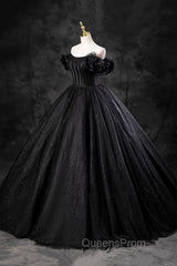 Black Tulle Floor Length A-Line Evening Prom Dress, Off the Shoulder Evening Party Dress