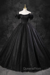 Black Tulle Floor Length A-Line Evening Prom Dress, Off the Shoulder Evening Party Dress