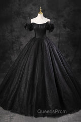 Black Tulle Floor Length A-Line Evening Prom Dress, Off the Shoulder Evening Party Dress