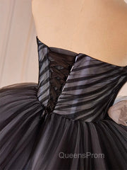 Black Tulle Flower Long Evening Prom Gown, Black Sweet 16 Dress