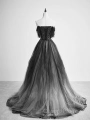 Black Tulle Gradient Long Party Dress With Beadings, Black Evening Dress Evening Prom Dress