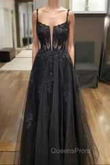 Black Tulle Lace Long Evening Prom Dress, A-Line Spaghetti Straps Evening Dress