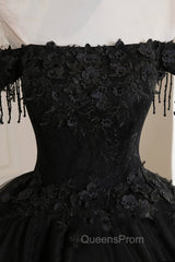 Black Tulle Lace Long Evening Prom Dress, Black A-Line Evening Gown