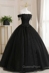Black Tulle Lace Long Evening Prom Dress, Black A-Line Evening Gown