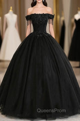 Black Tulle Lace Long Evening Prom Dress, Black A-Line Evening Gown