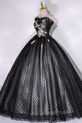 Black Tulle Lace Long Evening Prom Dress, Black A-Line Strapless Evening Gown