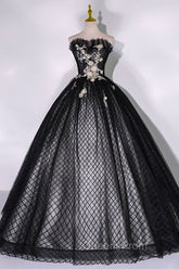 Black Tulle Lace Long Evening Prom Dress, Black A-Line Strapless Evening Gown