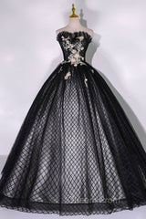 Black Tulle Lace Long Evening Prom Dress, Black A-Line Strapless Evening Gown