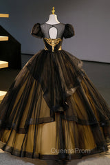 Black Tulle Lace Long Evening Prom Dress, Black Short Sleeve Evening Dress