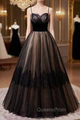 Black Tulle Lace Spaghetti Straps Evening Prom Dress