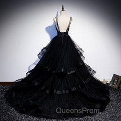 Black Tulle Layers Straps Beaded Long Evening Dress, Black Evening Dress Evening Prom Dress