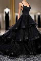 Black Tulle Layers Straps Beaded Long Evening Dress, Black Evening Dress Evening Prom Dress