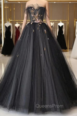 Black Tulle Long Evening Prom Dress, Black A-Line Strapless Evening Dress