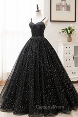 Black Tulle Long Evening Prom Dress, Black Spaghetti Straps Evening Gown