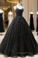 Black Tulle Long Evening Prom Dress, Black Spaghetti Straps Evening Gown