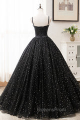 Black Tulle Long Evening Prom Dress, Black Spaghetti Straps Evening Gown