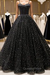 Black Tulle Long Evening Prom Dress, Black Spaghetti Straps Evening Gown