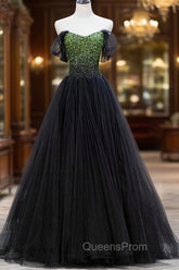 Black Tulle Long Evening Prom Dress with Beaded, Off the Shoulder Evening Dress