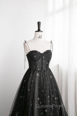 Black Tulle Long Evening Prom Dress with Stars, Cute Spaghetti Straps Graduation Dress