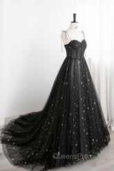 Black Tulle Long Evening Prom Dress with Stars, Cute Spaghetti Straps Graduation Dress