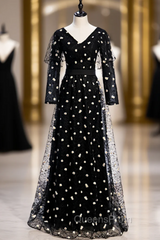 Black Tulle Long Sleeve V-neck Little Daisy Evening Prom Dress