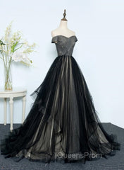 Black Tulle Off Shoulder Floor Length Gown, Black Evening Dress