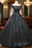 Black Tulle Off Shoulder with Lace Applique Party Dress, Black Tulle Long Sweet 16 Dress