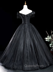 Black Tulle Off Shoulder with Lace Applique Party Dress, Black Tulle Long Sweet 16 Dress