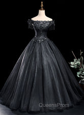 Black Tulle Off Shoulder with Lace Applique Party Dress, Black Tulle Long Sweet 16 Dress