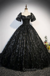 Black Tulle Sequins Long Evening Prom Dress, A-Line Short Sleeve Evening Gown