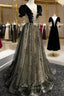 Black Tulle Sequins Long Evening Prom Dress, Black A-Line Evening Dress