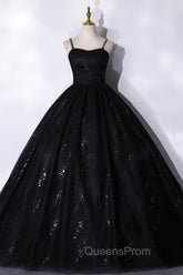 Black Tulle Sequins Long Evening Prom Dress, Black Spaghetti Straps Evening Dress