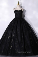 Black Tulle Sequins Long Evening Prom Dress, Black Spaghetti Straps Evening Dress