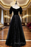 Black Tulle Sequins Square Short Sleeve Evening Prom Dress