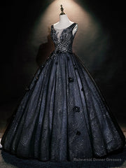 Black Tulle Sequins V-neck Appliques Quinceanera Dress