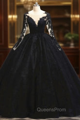 Black Tulle Sheer Neck Appliques Ball Gown Dress