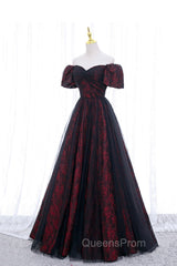 Black Tulle Short Sleeve Evening Dress, Off the Shoulder Evening Prom Dress