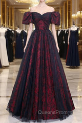 Black Tulle Short Sleeve Evening Dress, Off the Shoulder Evening Prom Dress