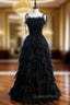 Black Tulle Spagehtti Straps Pleats Tiers Evening Prom Dress