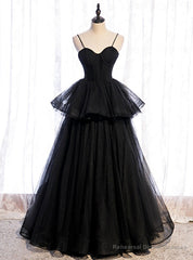 Black Tulle Spaghetti Straps Long Prom Dress