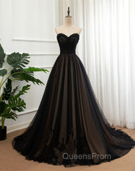 Black Tulle Sweetheart A-line Evening Dress with Lace, Black Long Evening Prom Dress