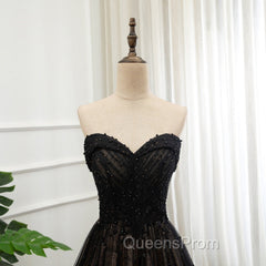 Black Tulle Sweetheart A-line Evening Dress with Lace, Black Long Evening Prom Dress